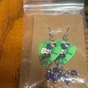Green Guitar Pick Earrings with Blue Beads